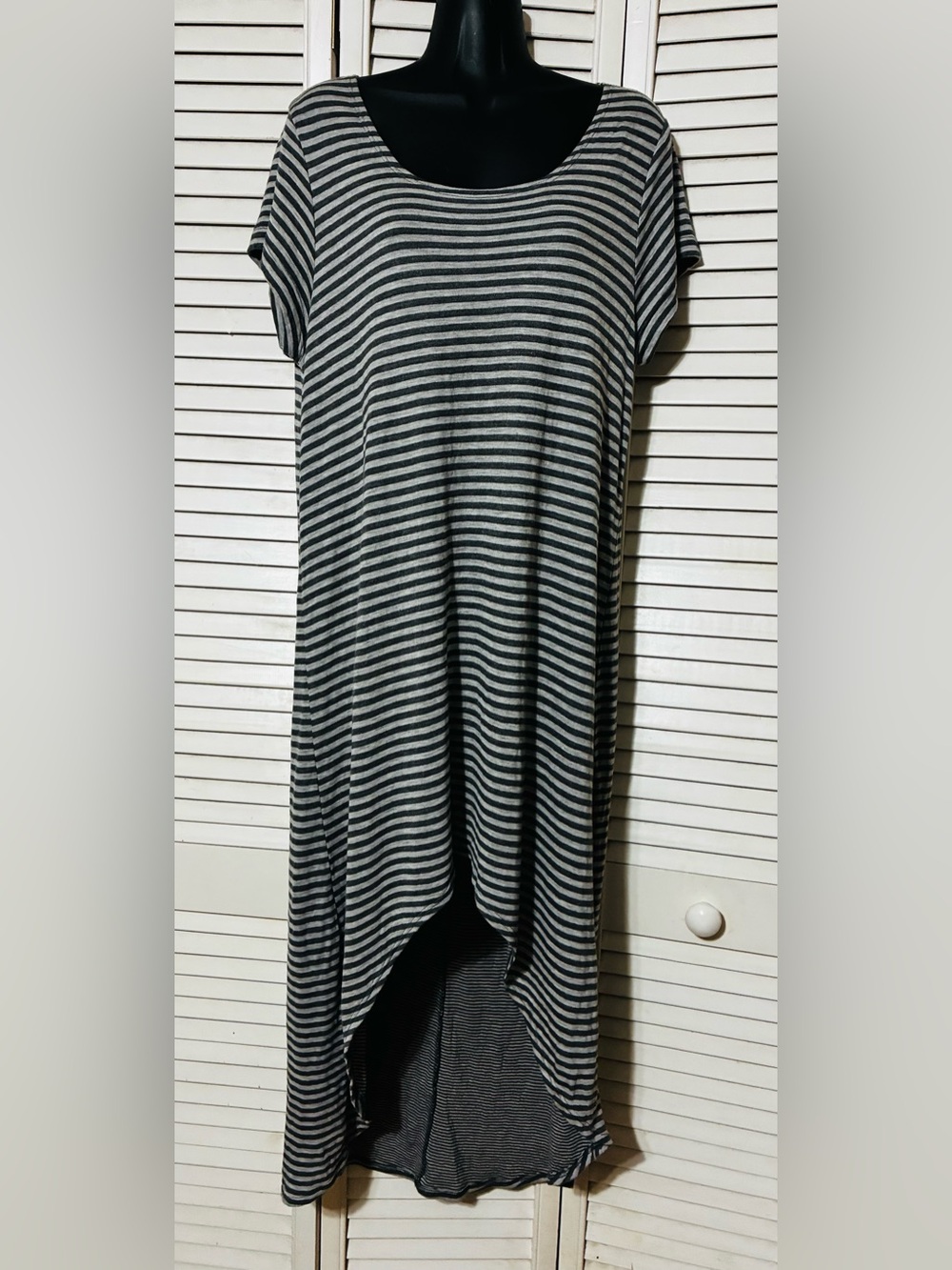 bryn Walker Black and Gray Asymmetrical Striped Maxi Dress